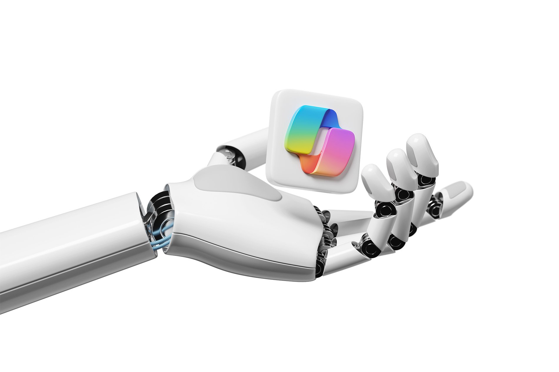 A robotic hand holding a hovering chip bearing the Microsoft Copilot logo